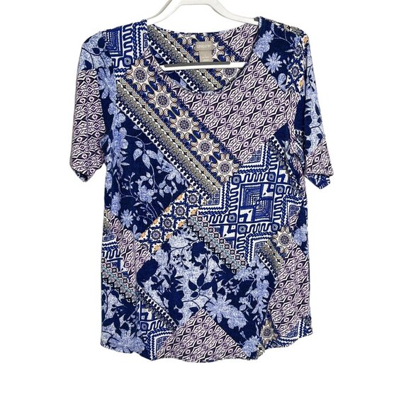 Chicos Blue Patchwork Print Blouse Medium Short Sleeve Boho Floral Top - Picture 1 of 12